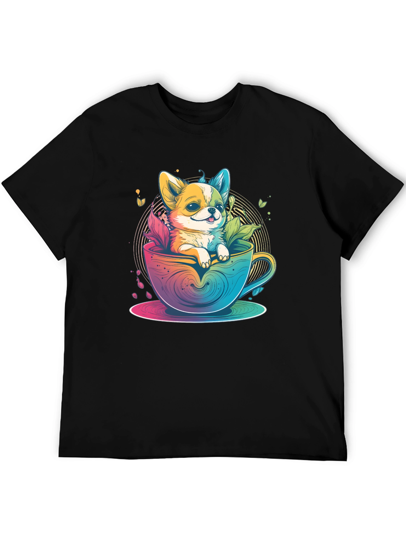 Cute Dog in Teacup Graphic Black T-Shirt