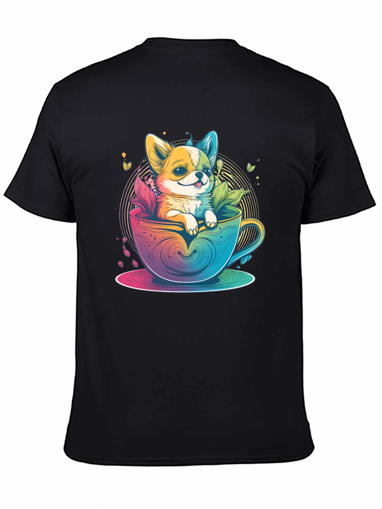Cute Dog in Teacup Graphic Black T-Shirt