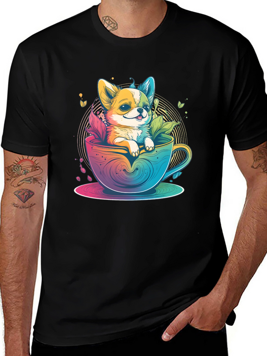 Cute Dog in Teacup Graphic Black T-Shirt