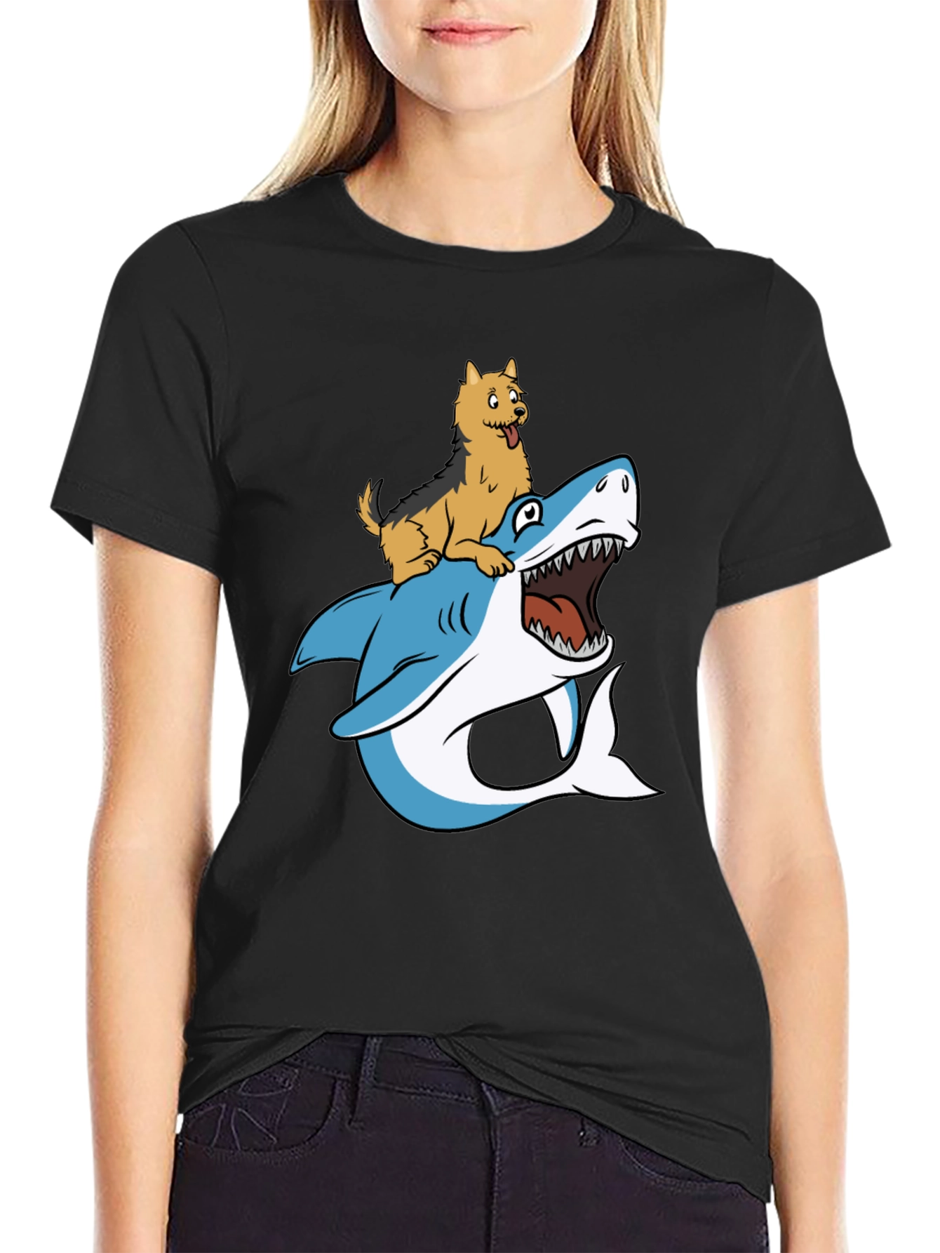 Dog Riding Shark Graphic Tee - Black