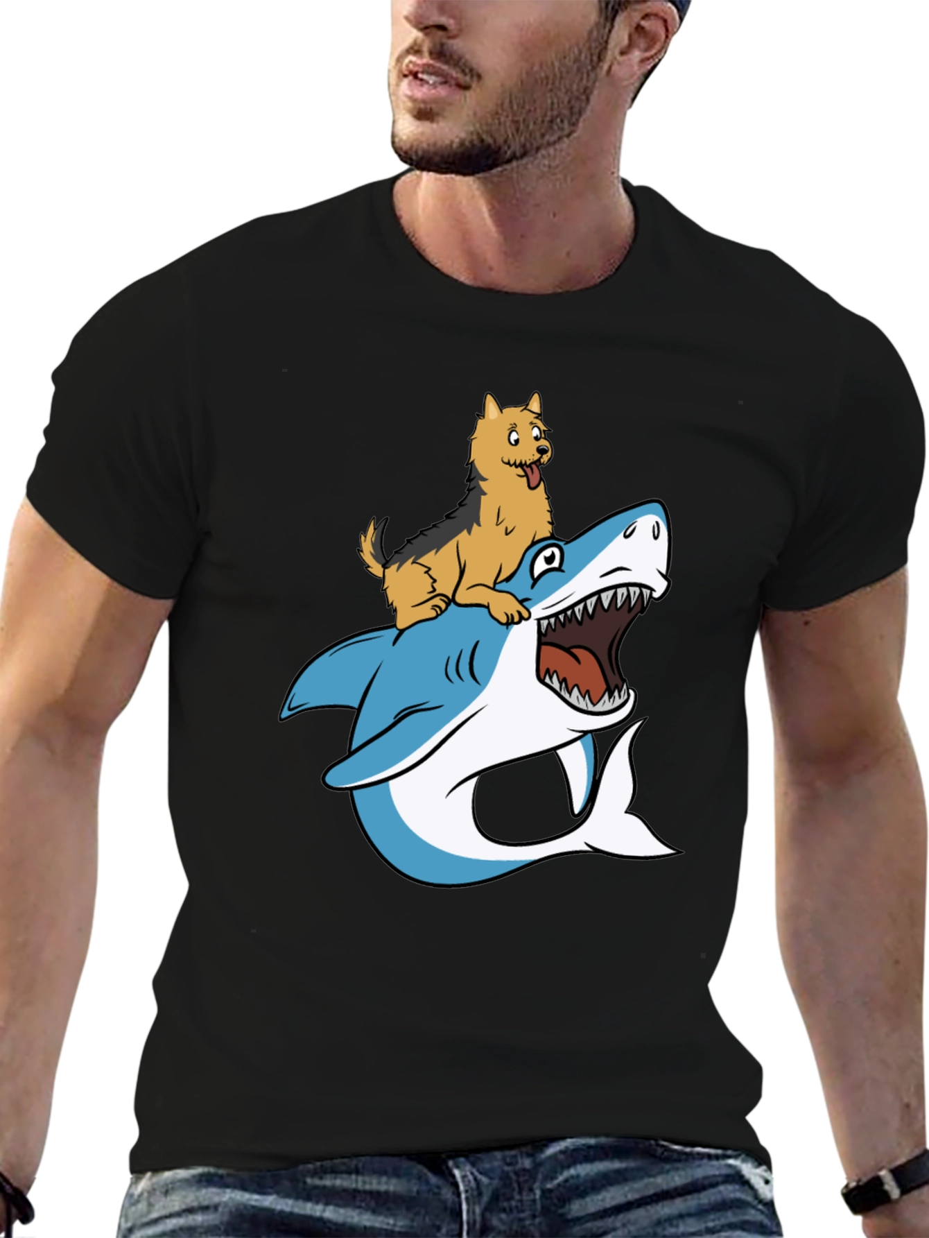 Dog Riding Shark Graphic Tee - Black