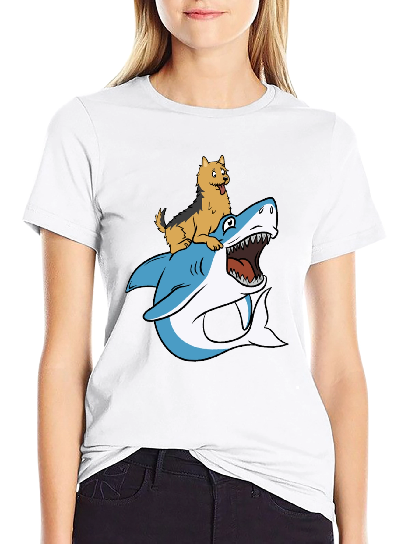 Dog Riding Shark Graphic Tee - Black