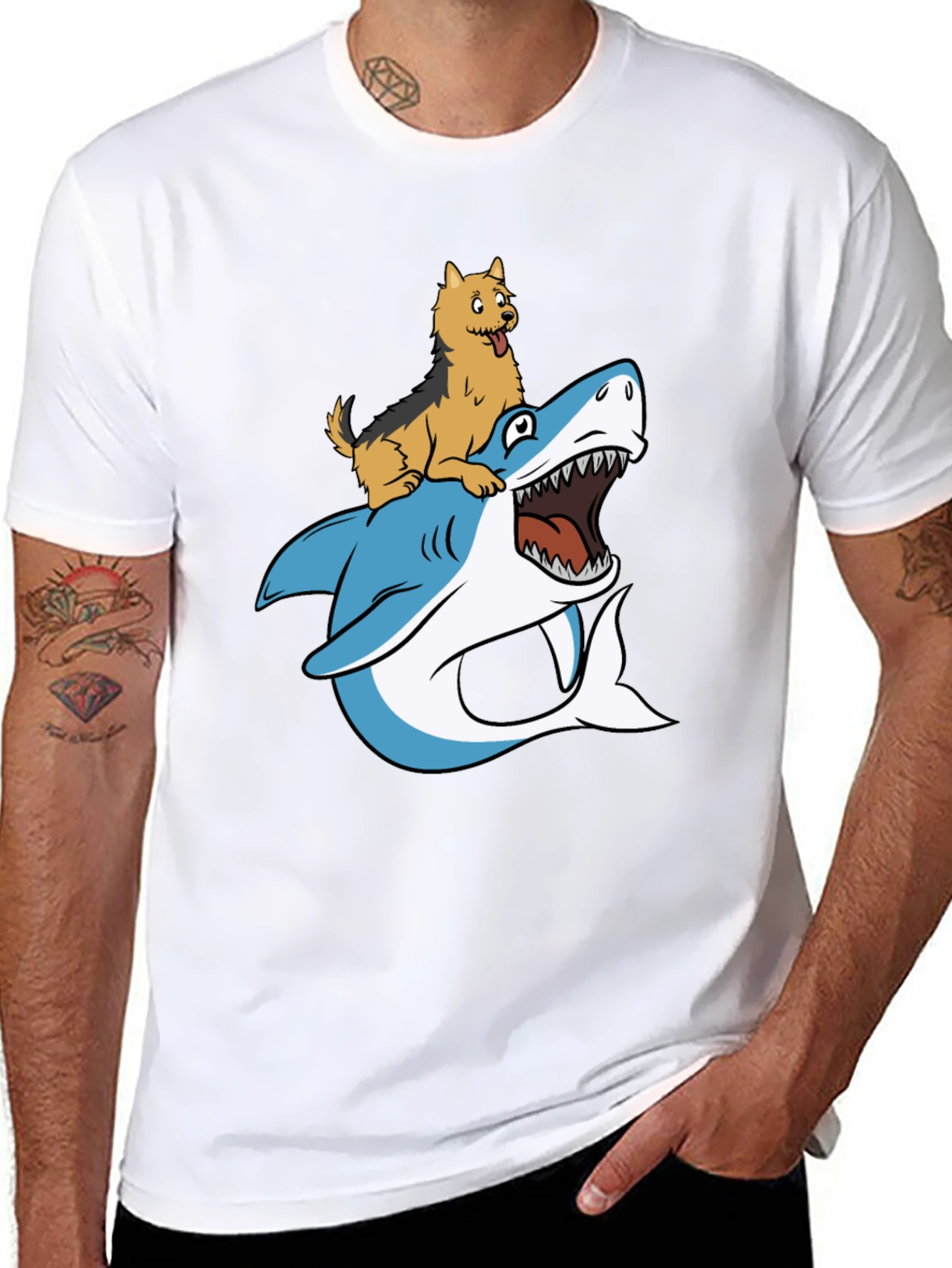 Dog Riding Shark Graphic Tee - Black