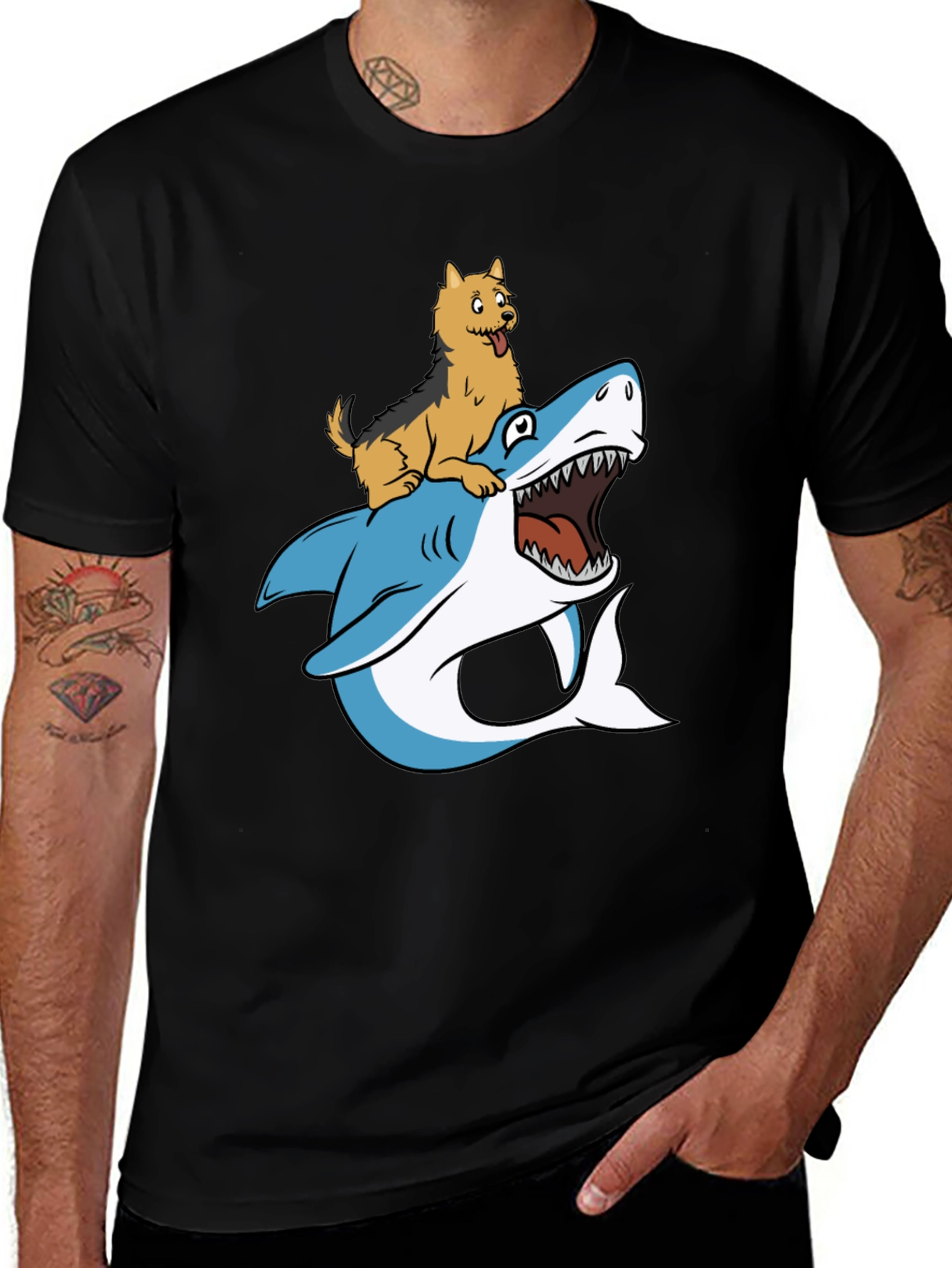 Dog Riding Shark Graphic Tee - Black