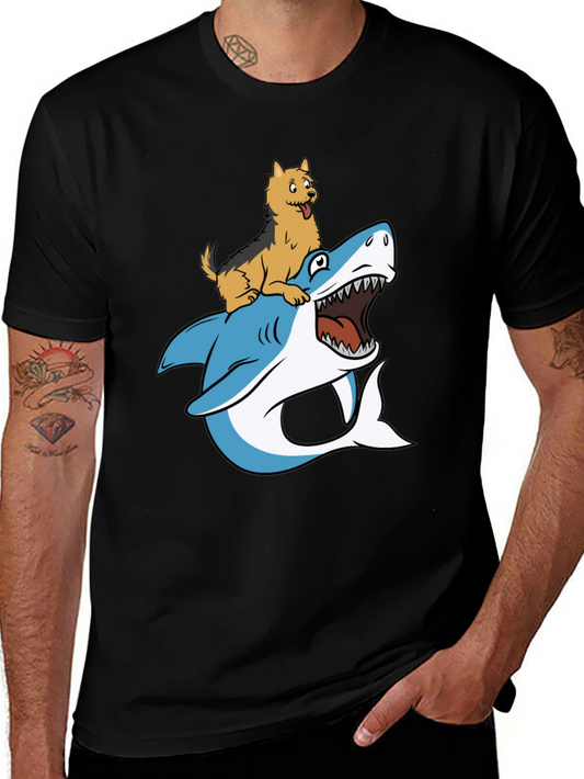 Dog Riding Shark Graphic Tee - Black