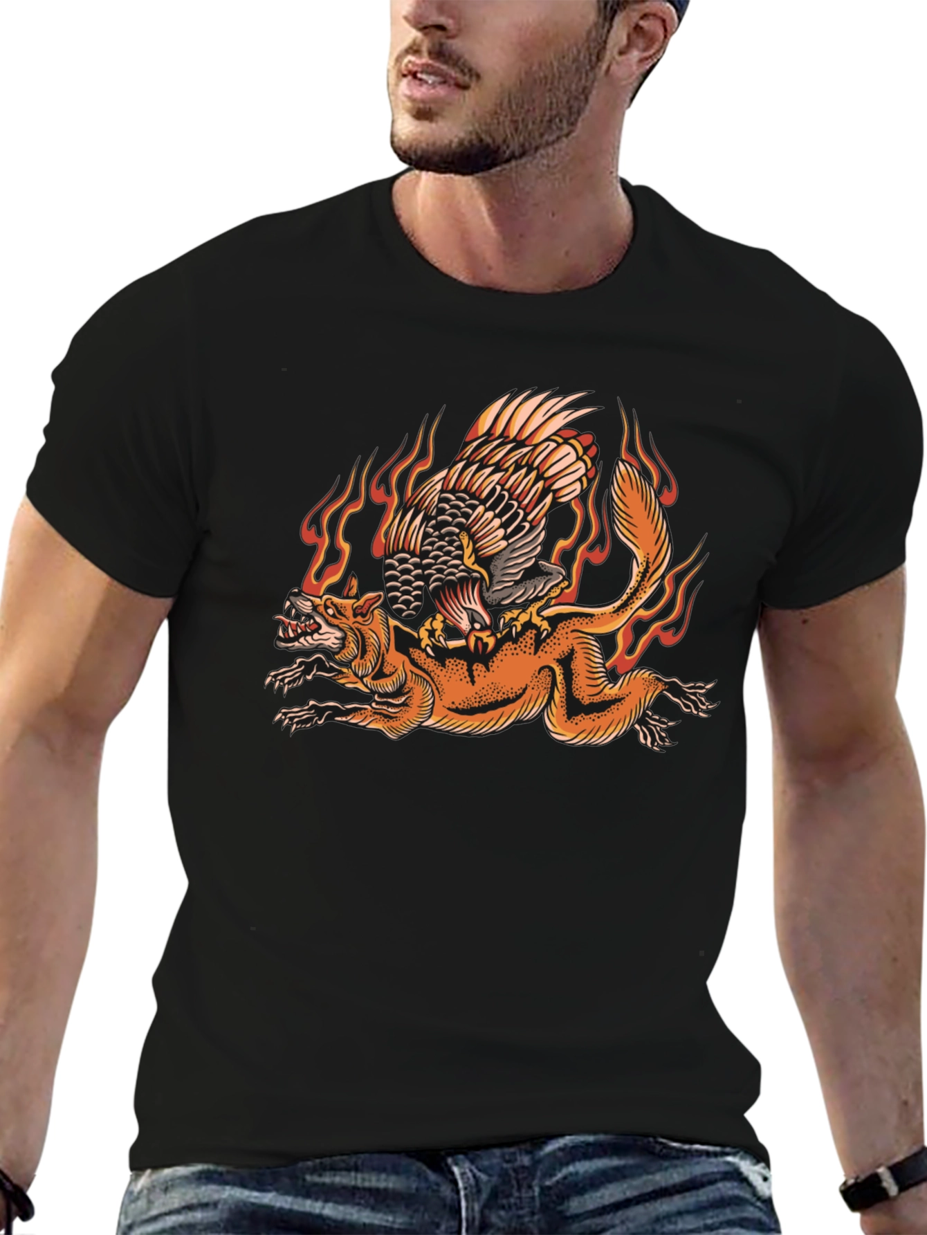 Fiery Eagle & Fox Graphic Tee - Black