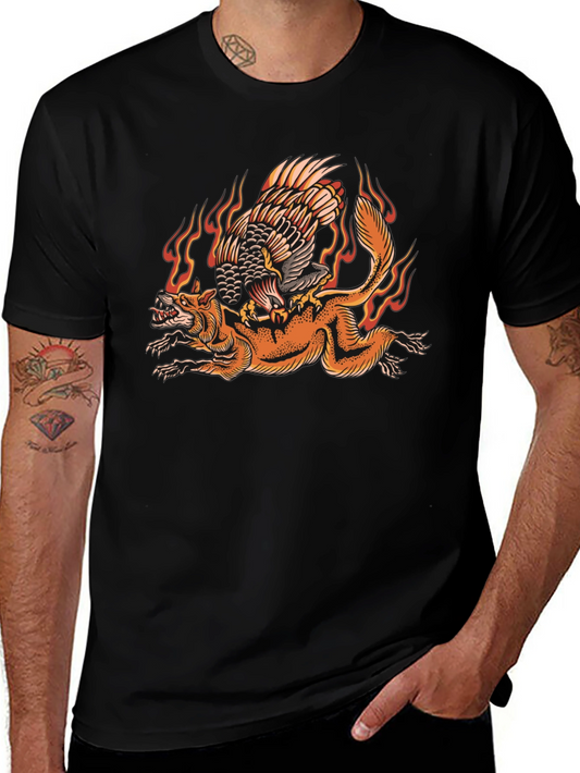 Fiery Eagle & Fox Graphic Tee - Black