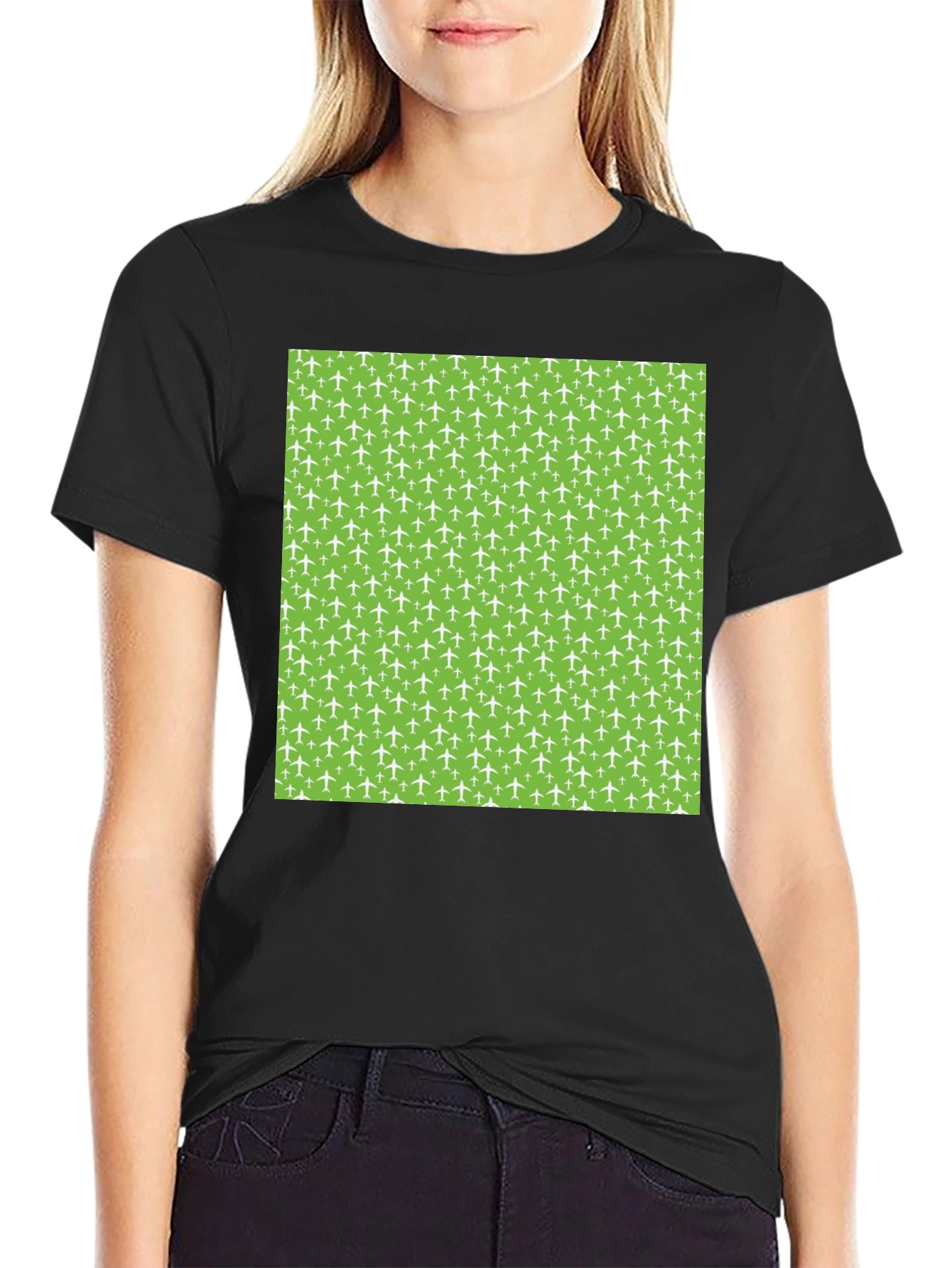 Airplane Pattern T-Shirt - Black Cotton Tee