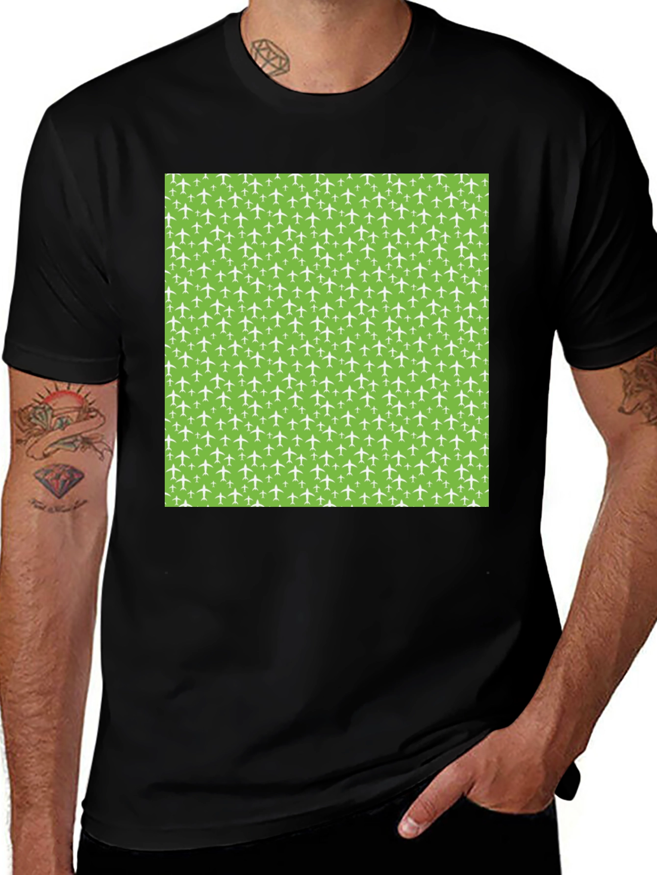 Airplane Pattern T-Shirt - Black Cotton Tee