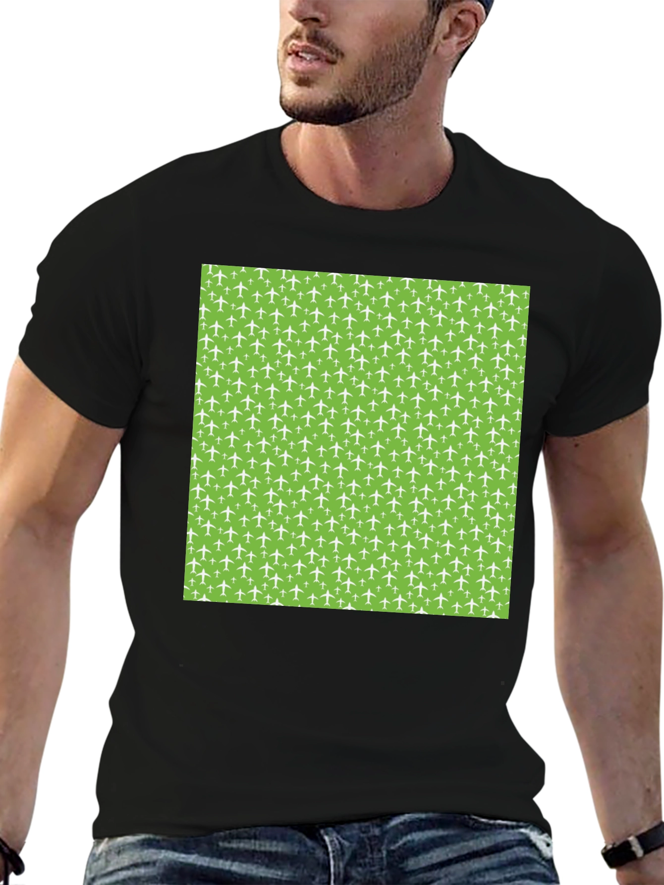 Airplane Pattern T-Shirt - Black Cotton Tee