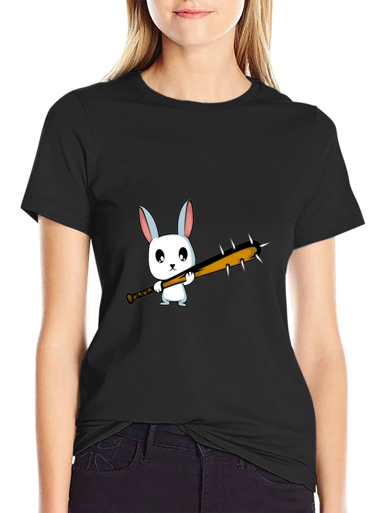 Cartoon Bunny with Spiked Bat Black T-Shirt