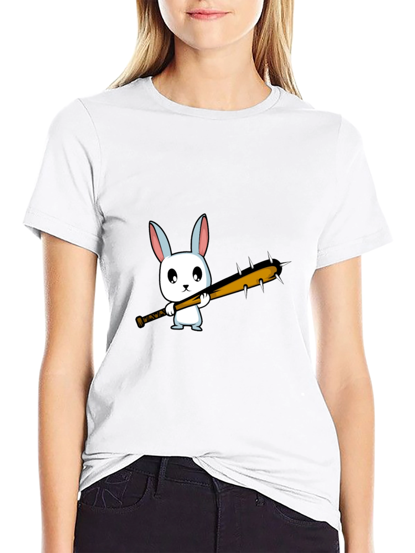 Cartoon Bunny with Spiked Bat Black T-Shirt