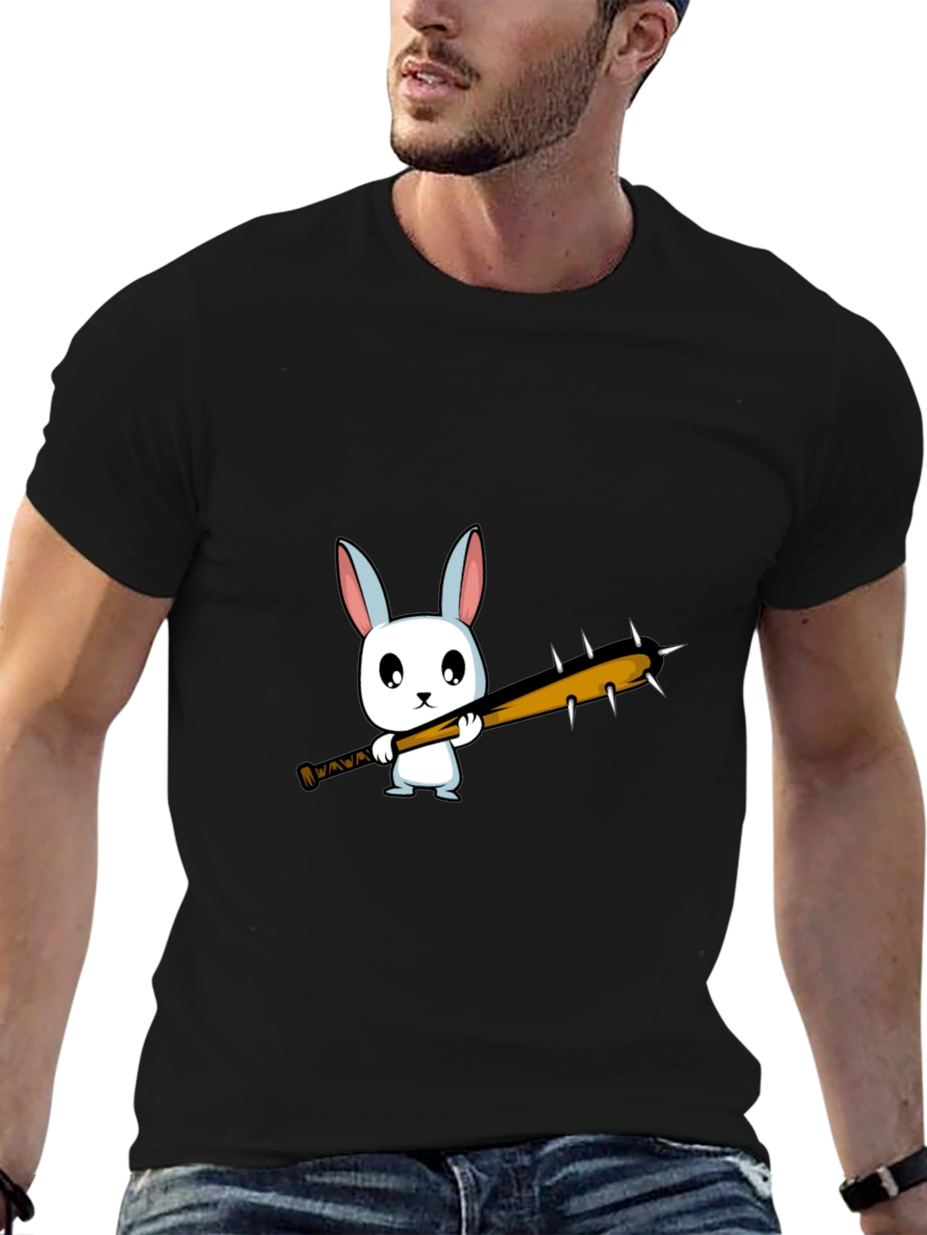 Cartoon Bunny with Spiked Bat Black T-Shirt