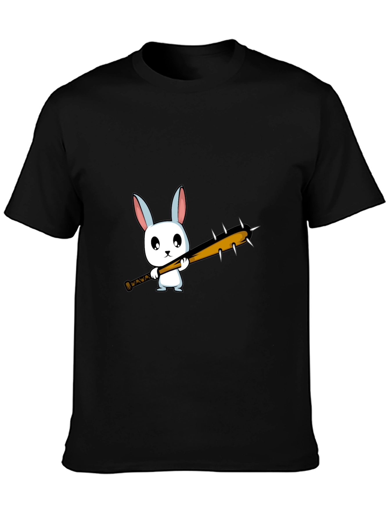 Cartoon Bunny with Spiked Bat Black T-Shirt