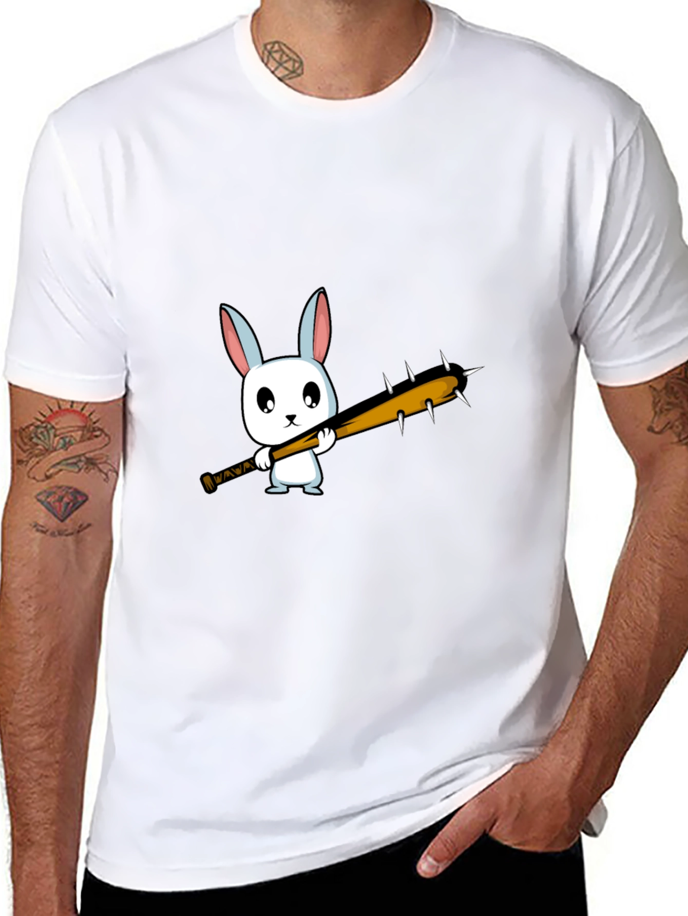 Cartoon Bunny with Spiked Bat Black T-Shirt