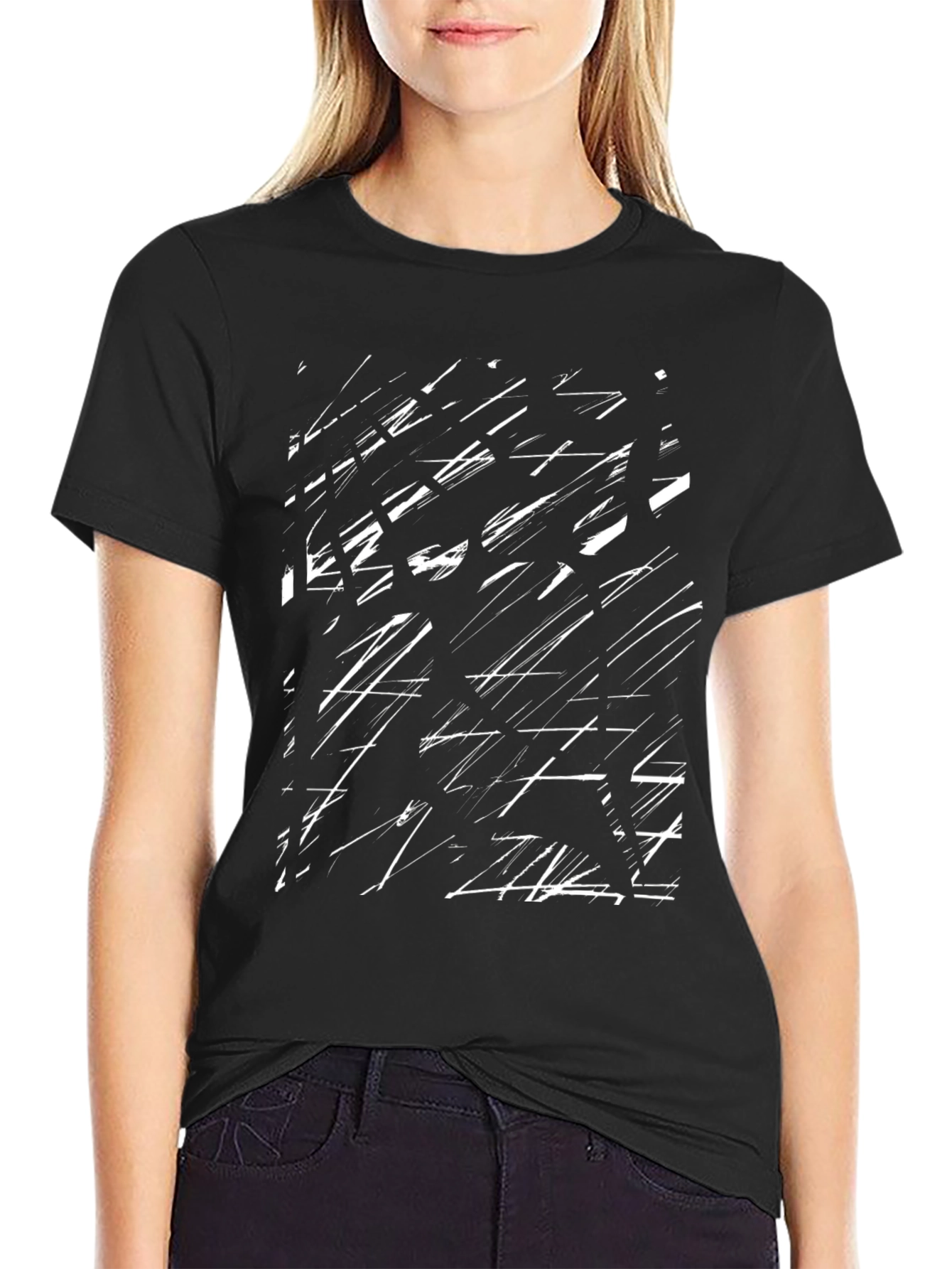 Abstract Scratch Print Black Cotton Tee