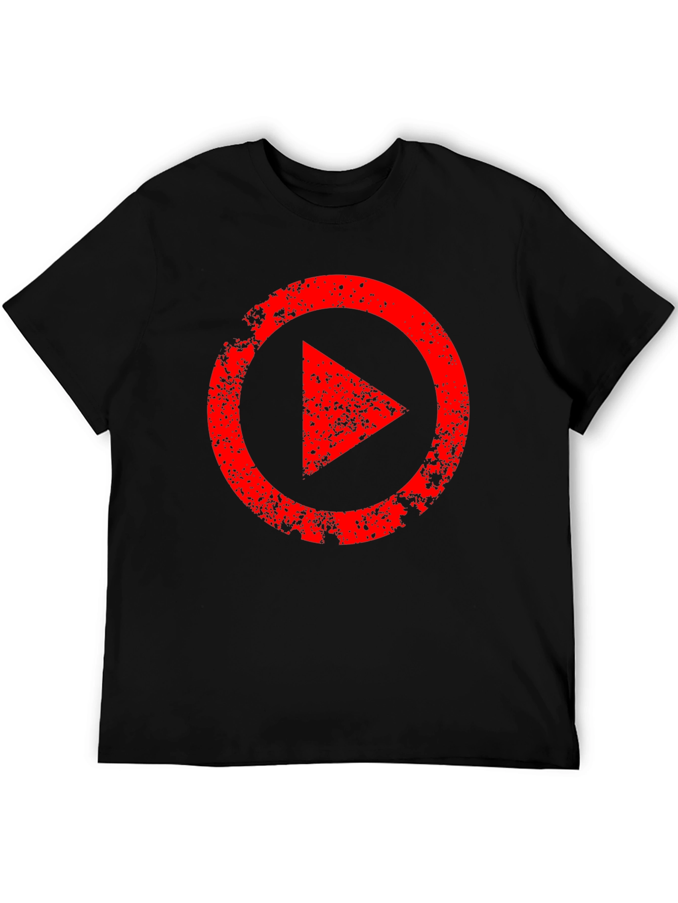 Mens Black T-Shirt with Distressed Red Play Button Graphic