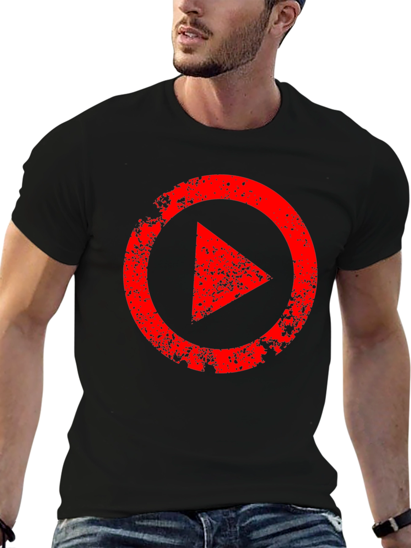Mens Black T-Shirt with Distressed Red Play Button Graphic