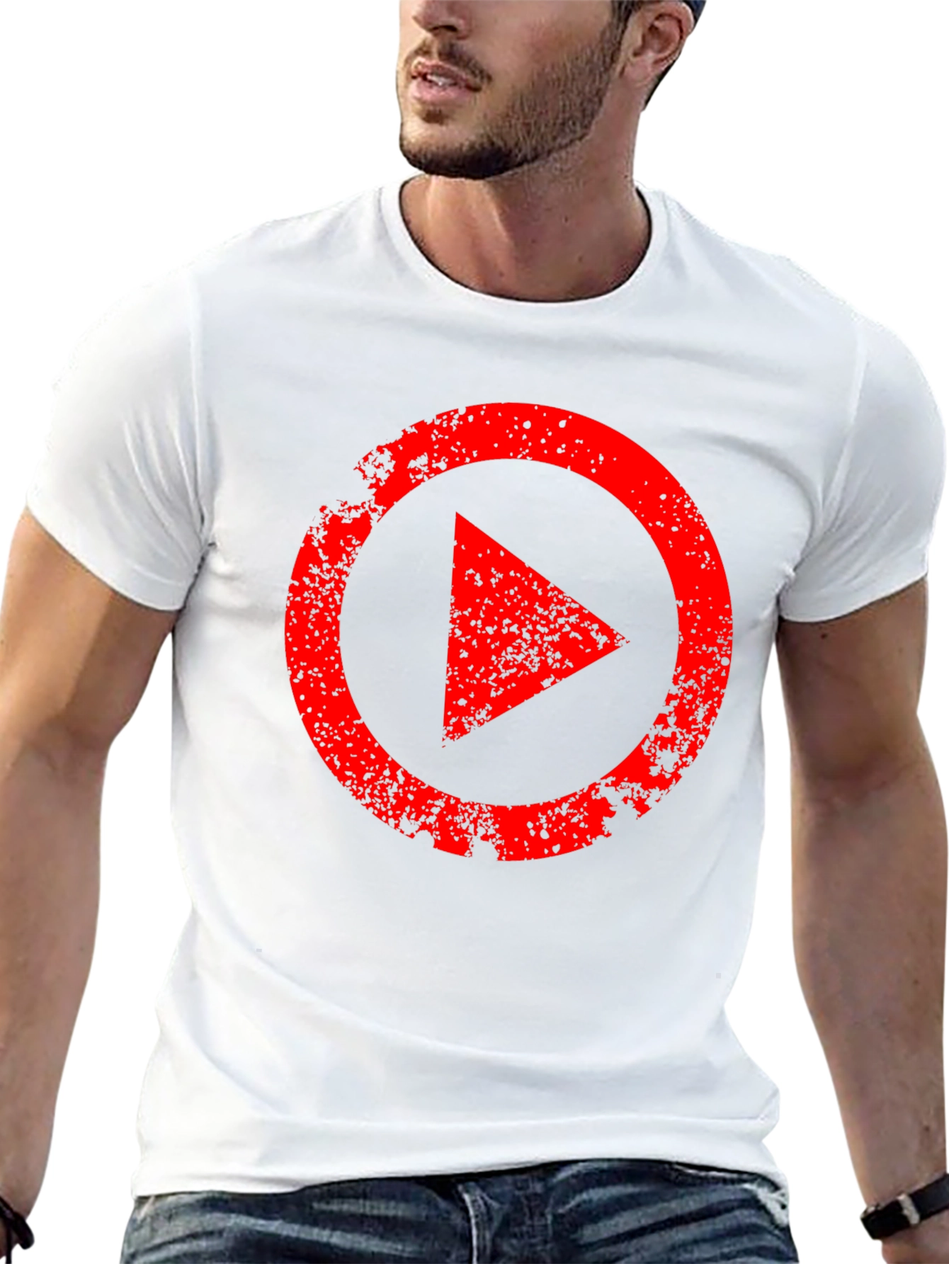 Mens Black T-Shirt with Distressed Red Play Button Graphic
