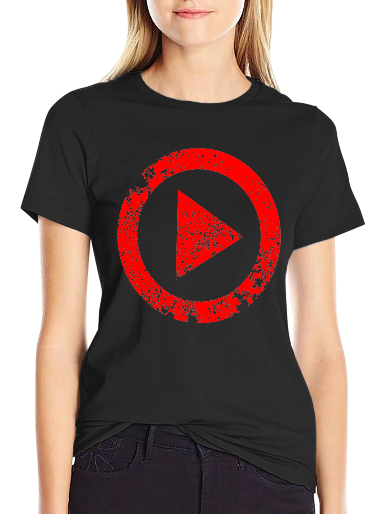 Mens Black T-Shirt with Distressed Red Play Button Graphic