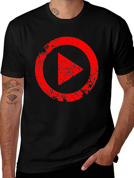 Mens Black T-Shirt with Distressed Red Play Button Graphic