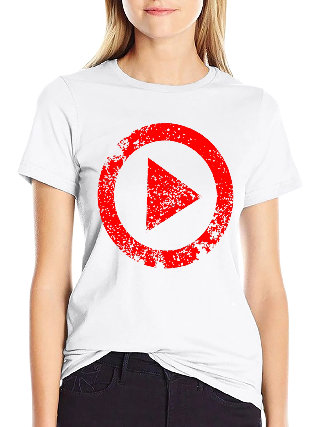 Mens Black T-Shirt with Distressed Red Play Button Graphic