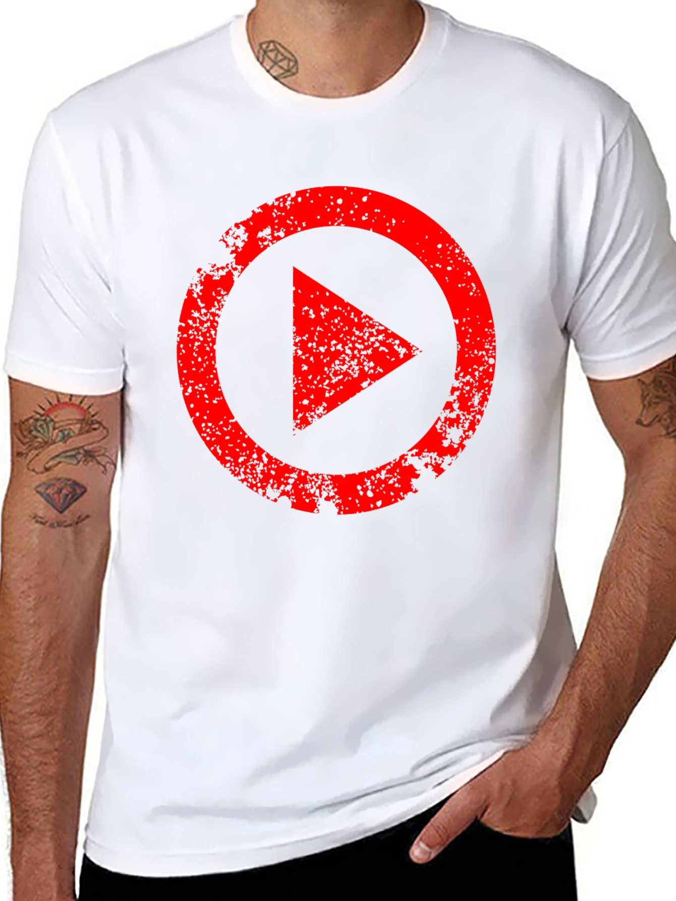 Mens Black T-Shirt with Distressed Red Play Button Graphic