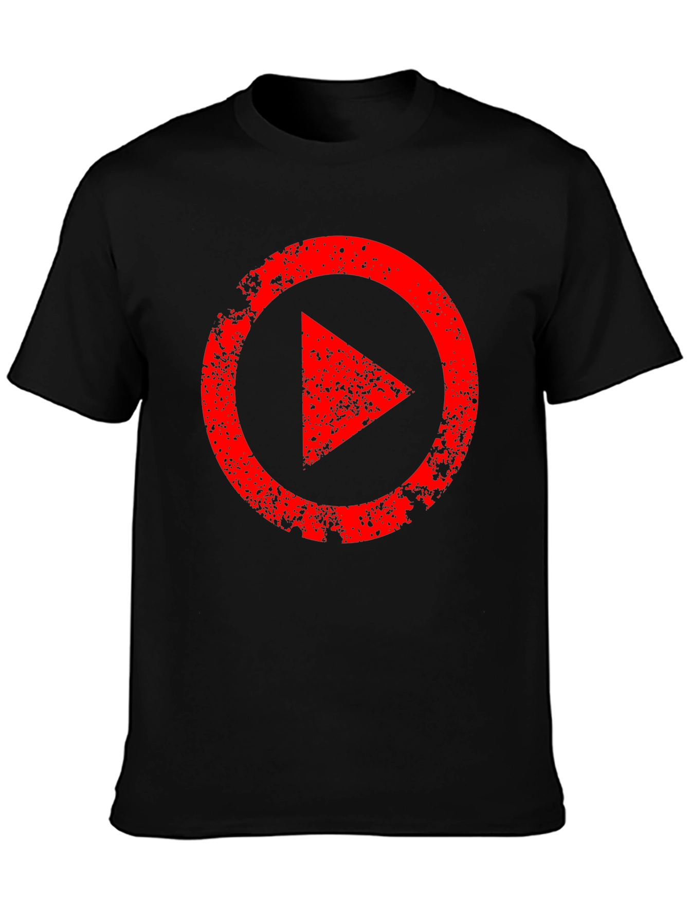 Mens Black T-Shirt with Distressed Red Play Button Graphic