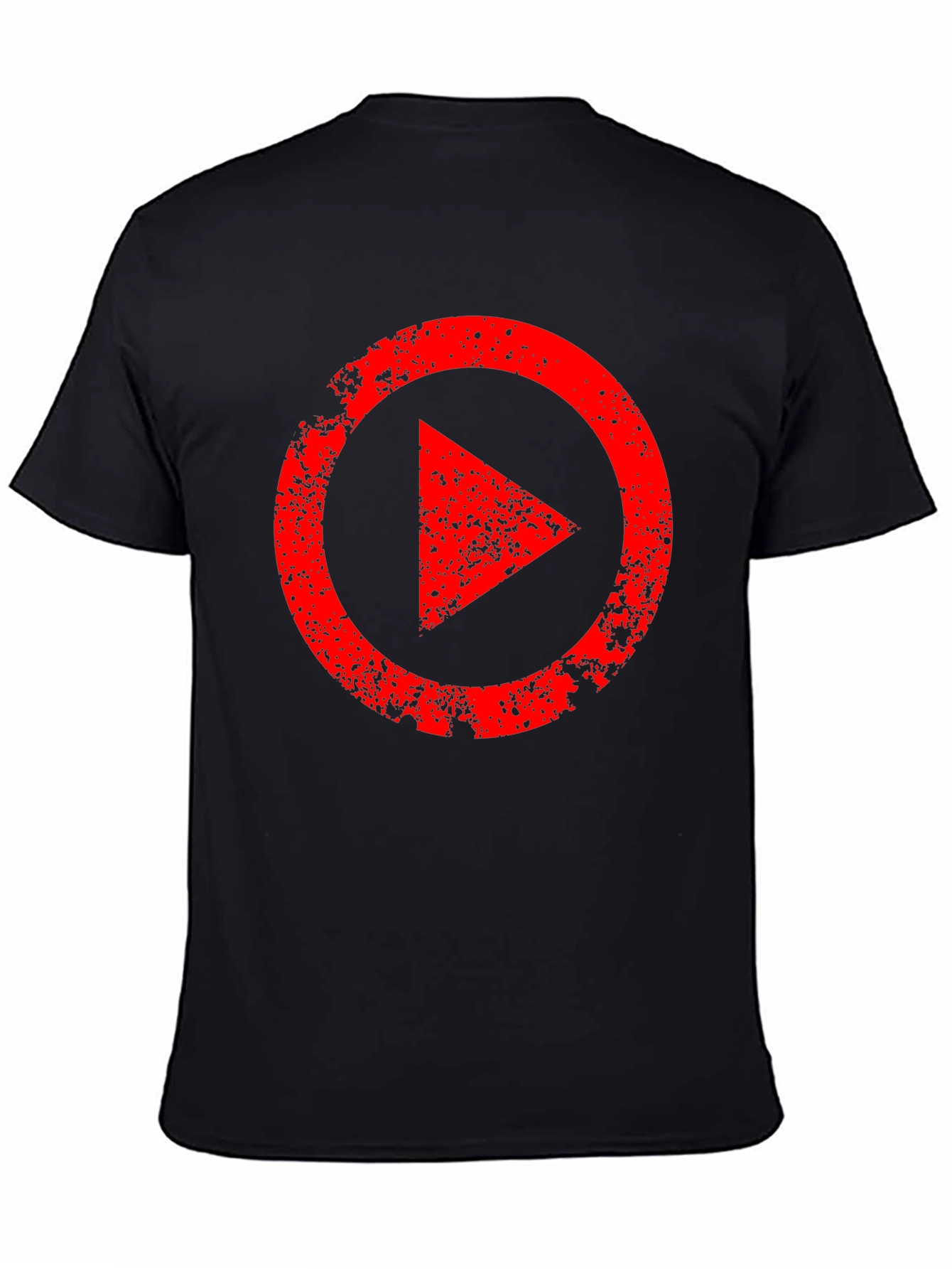 Mens Black T-Shirt with Distressed Red Play Button Graphic
