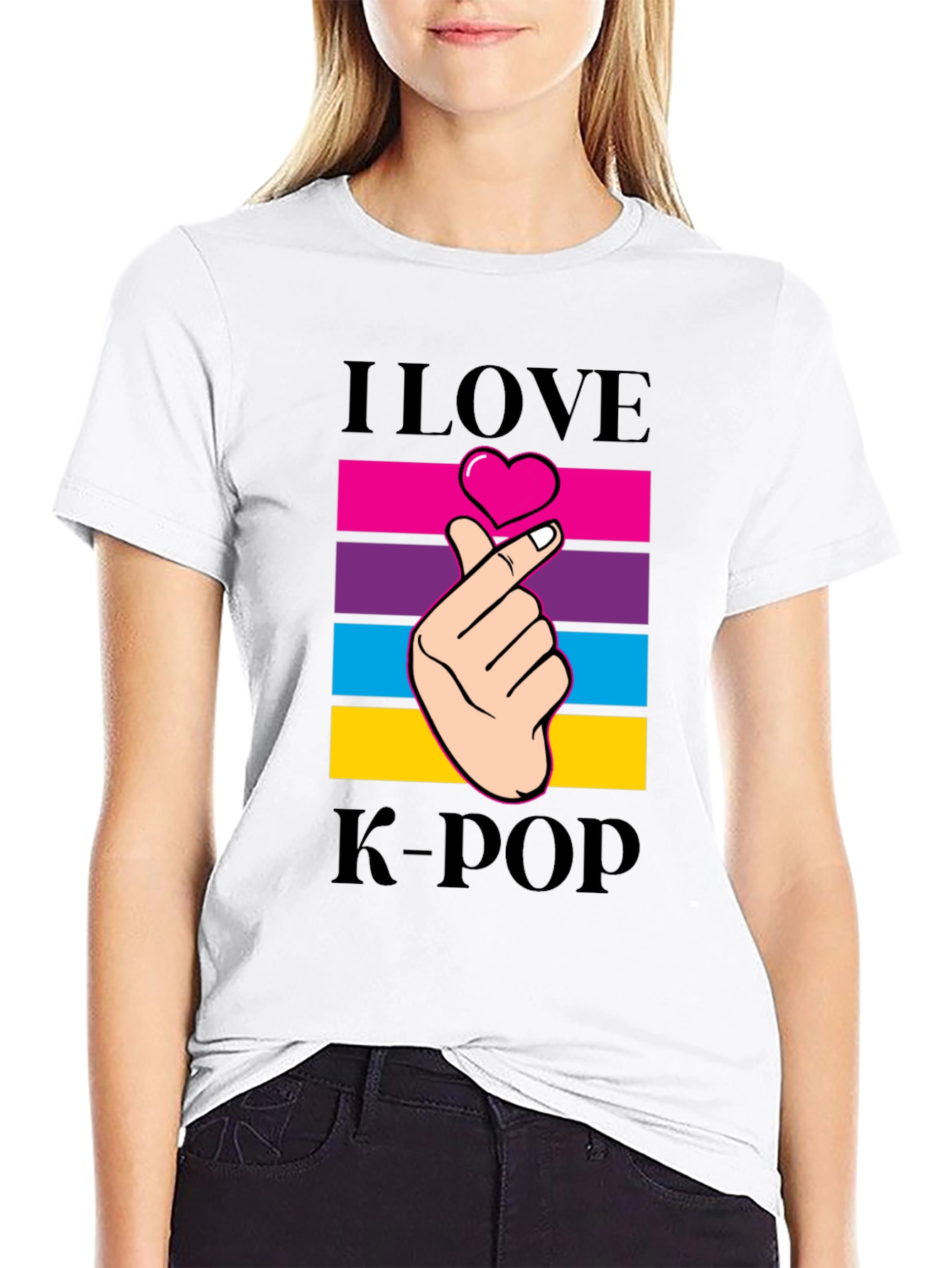 I Love K-Pop Heart Fingers Black T-Shirt