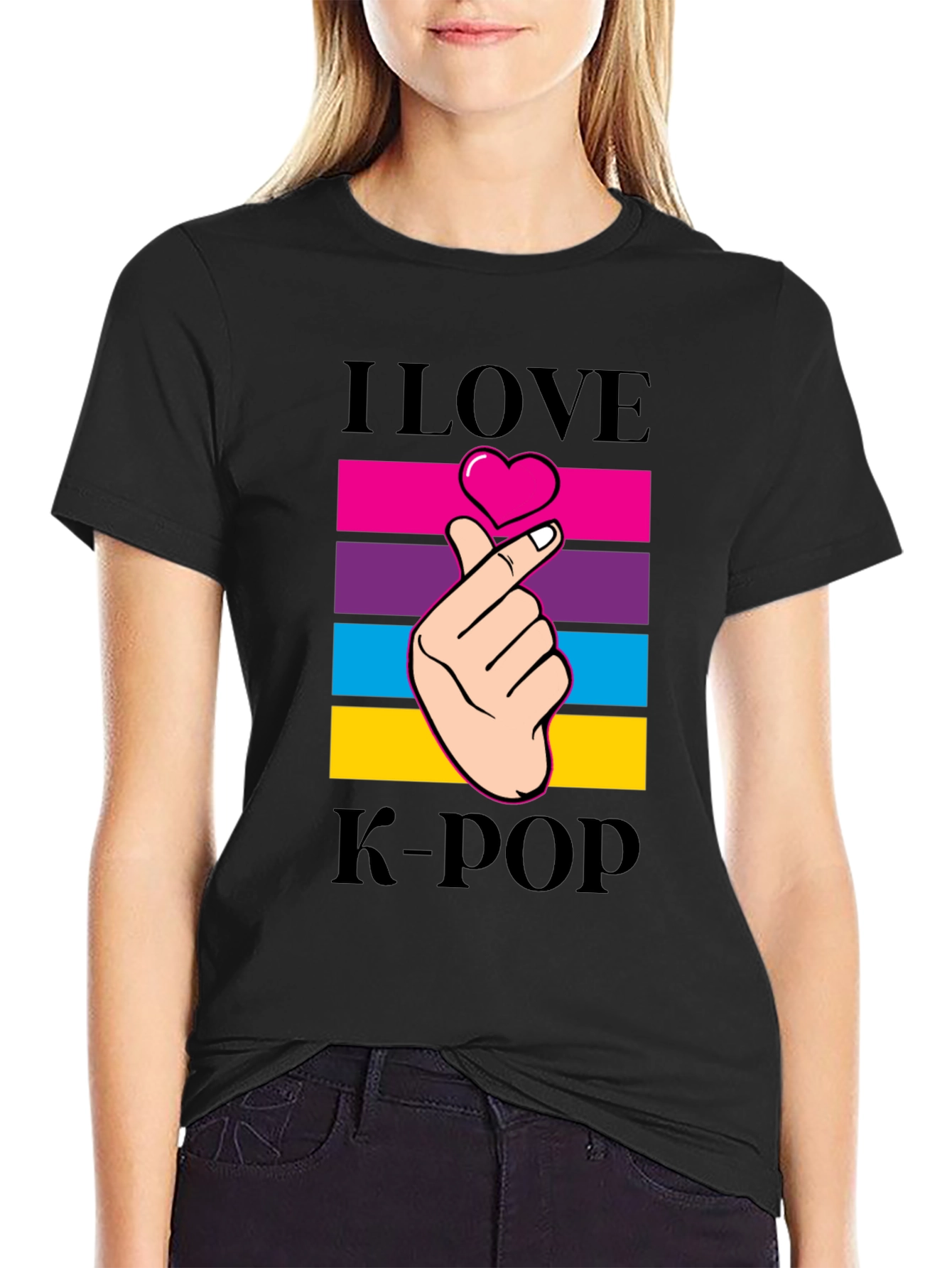I Love K-Pop Heart Fingers Black T-Shirt
