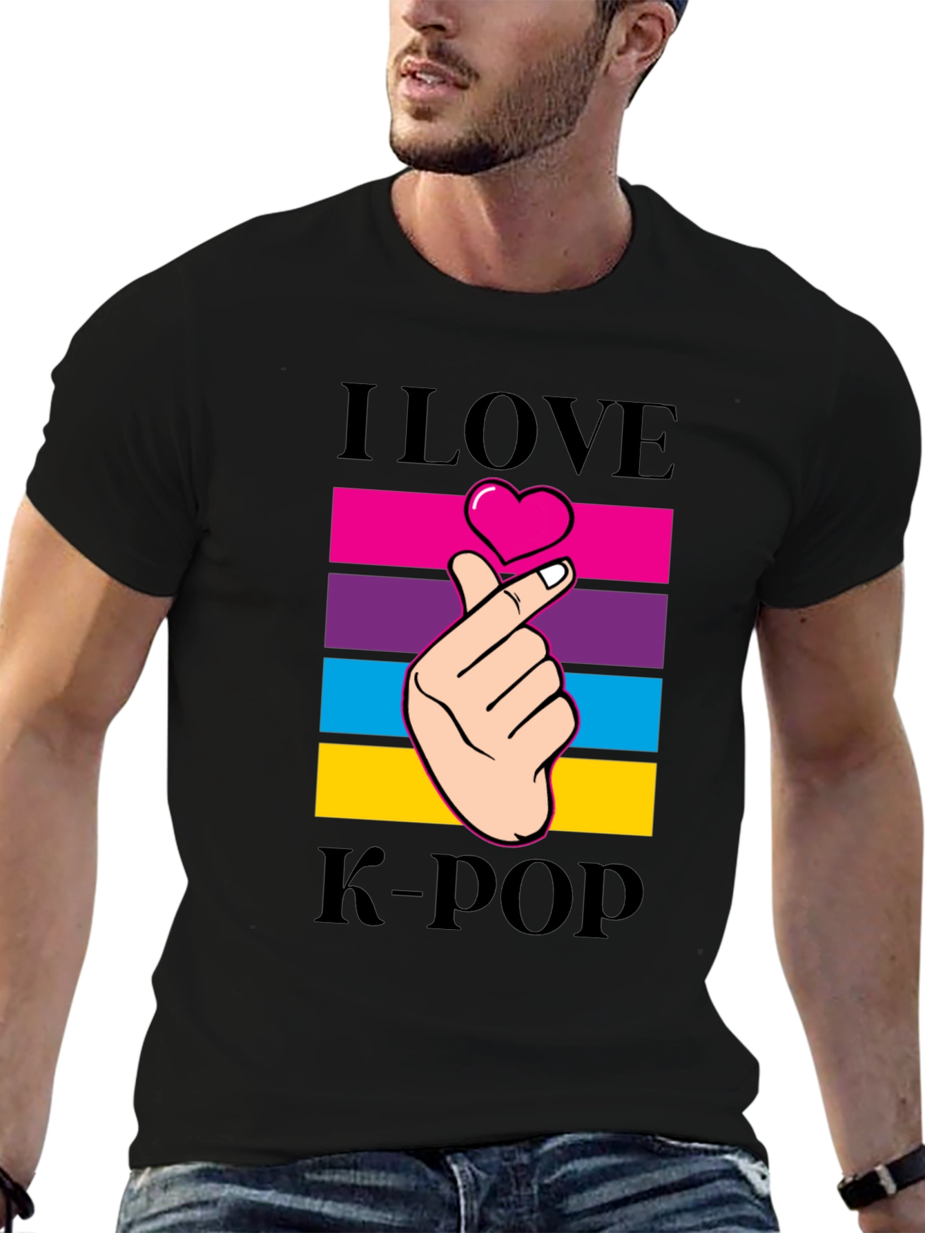 I Love K-Pop Heart Fingers Black T-Shirt