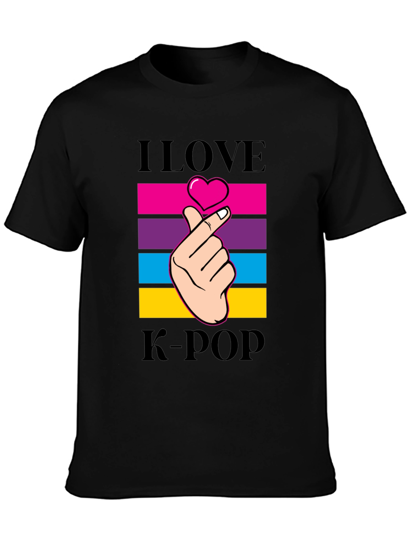 I Love K-Pop Heart Fingers Black T-Shirt