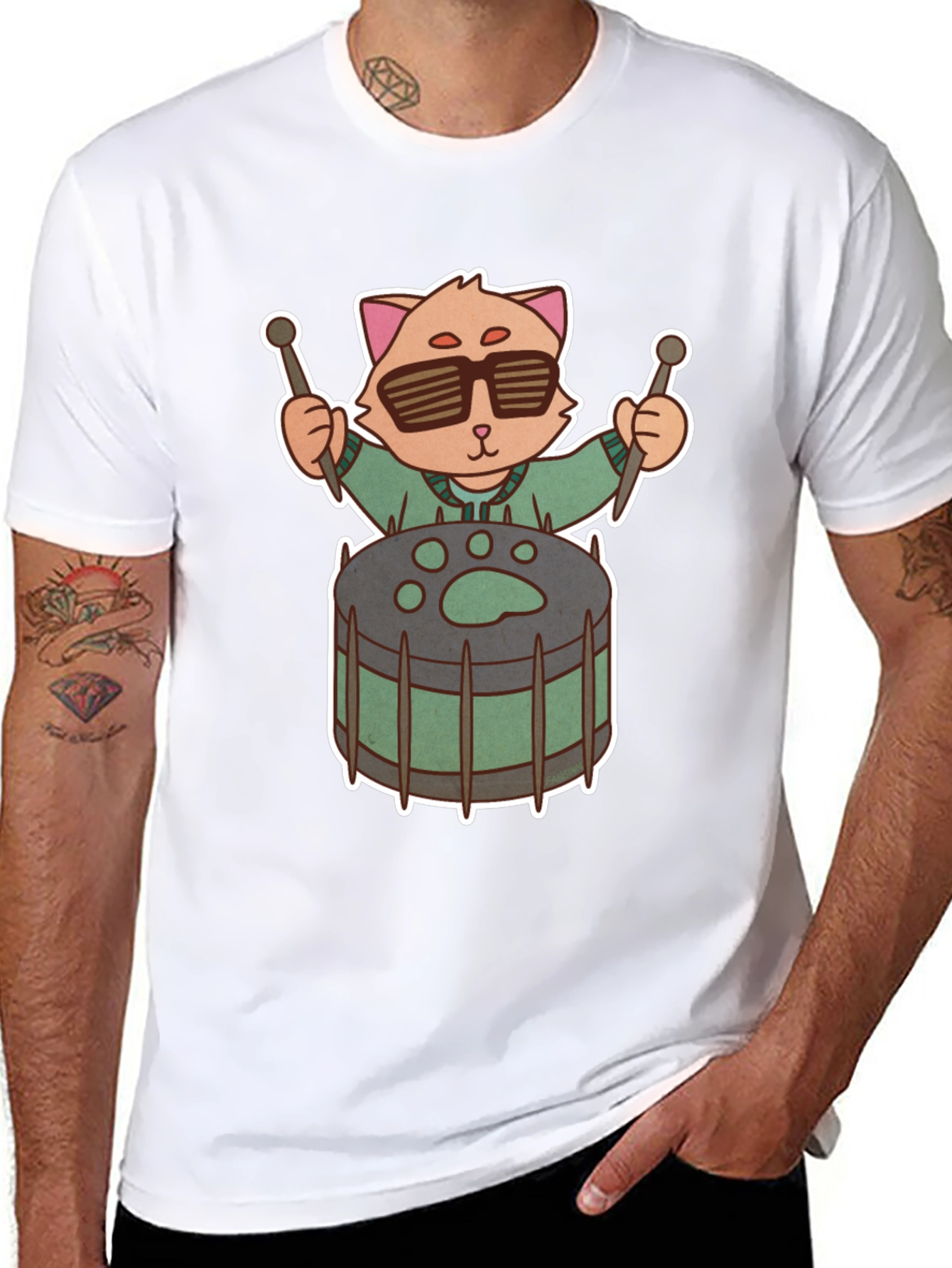 Cool Cat Drummer Graphic Tee - Unique Black T-Shirt