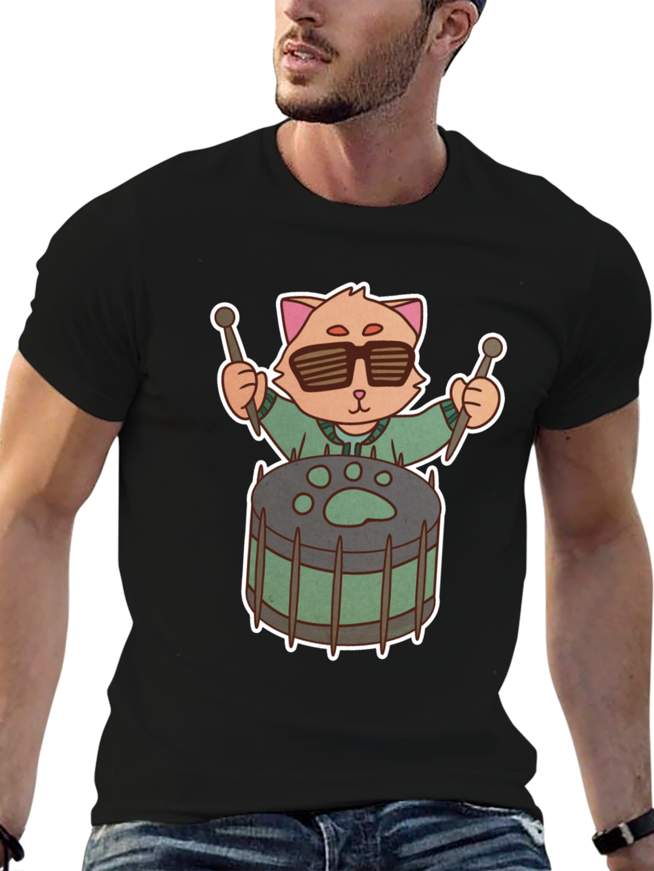 Cool Cat Drummer Graphic Tee - Unique Black T-Shirt