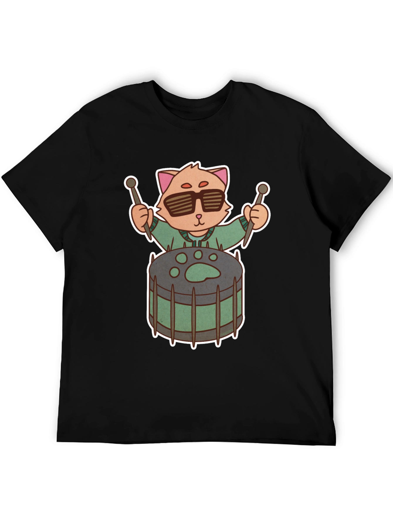 Cool Cat Drummer Graphic Tee - Unique Black T-Shirt