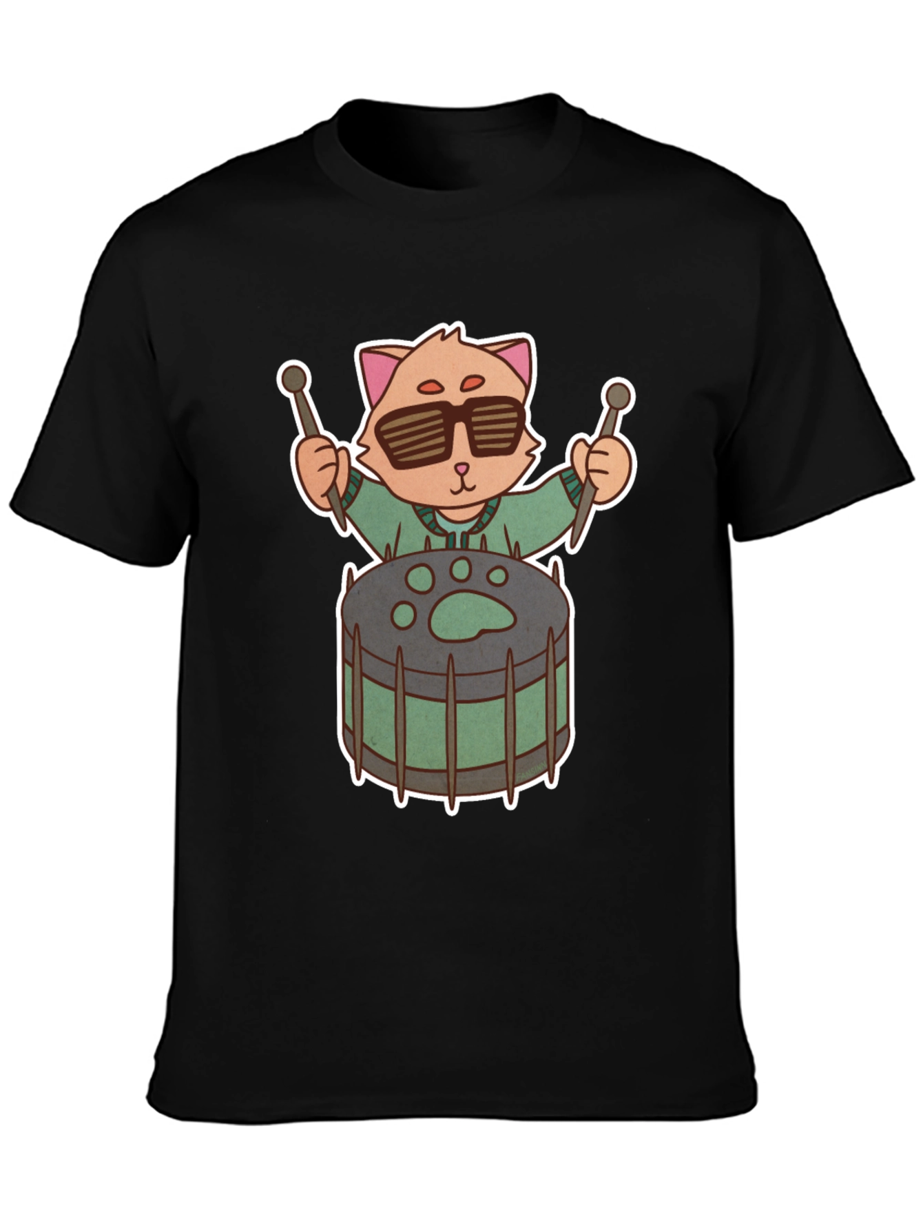 Cool Cat Drummer Graphic Tee - Unique Black T-Shirt