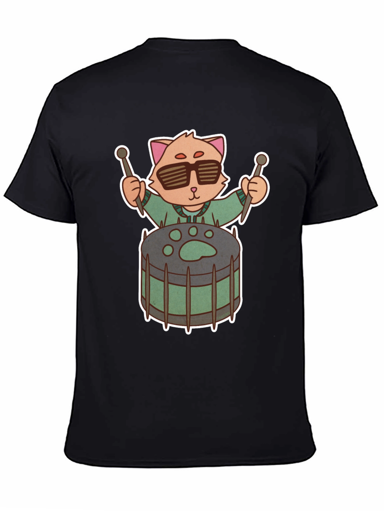 Cool Cat Drummer Graphic Tee - Unique Black T-Shirt