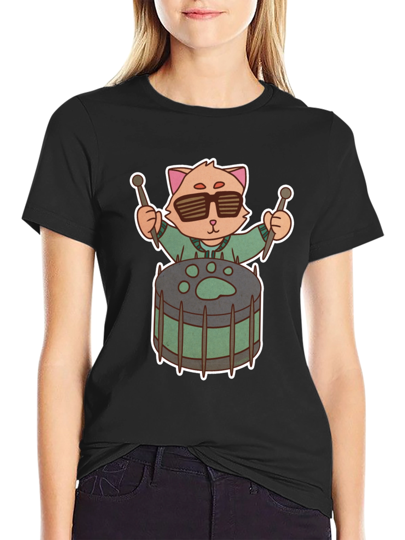 Cool Cat Drummer Graphic Tee - Unique Black T-Shirt