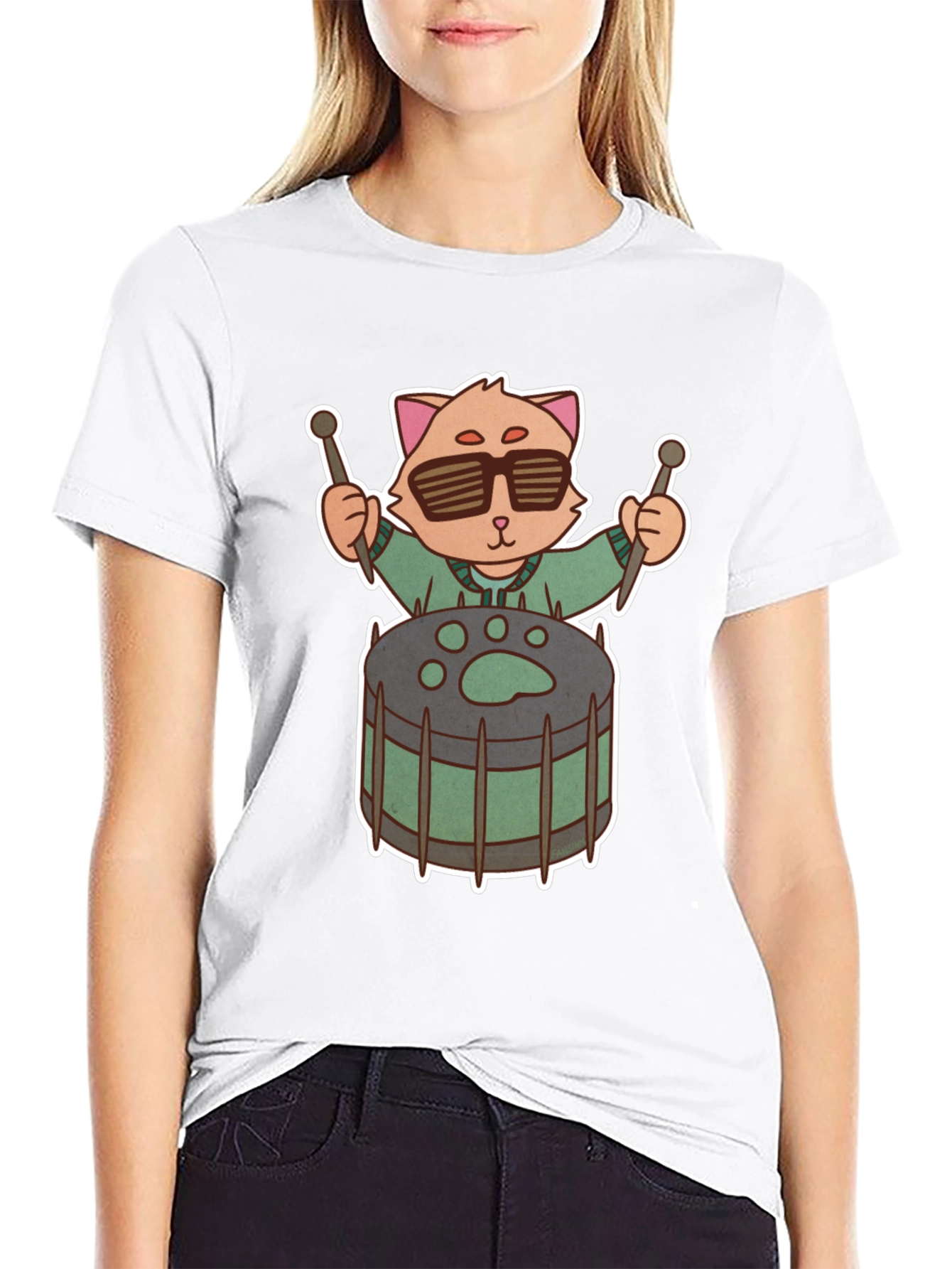 Cool Cat Drummer Graphic Tee - Unique Black T-Shirt