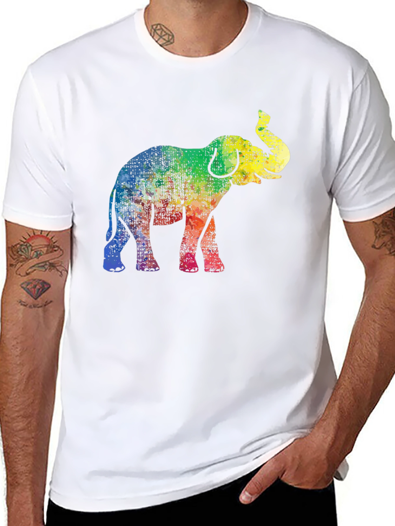 Rainbow Elephant Graphic Tee - Black Cotton T-Shirt
