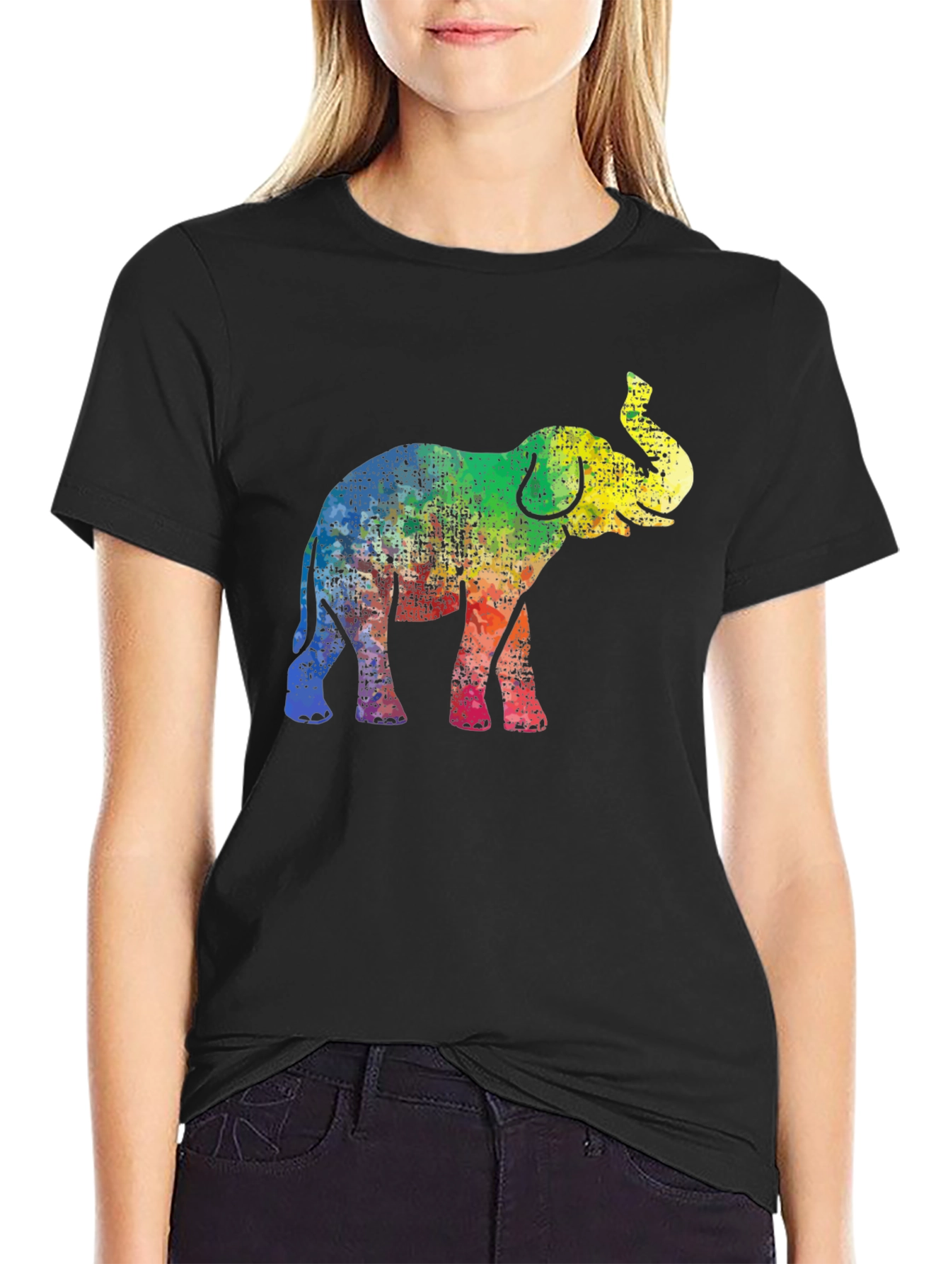 Rainbow Elephant Graphic Tee - Black Cotton T-Shirt