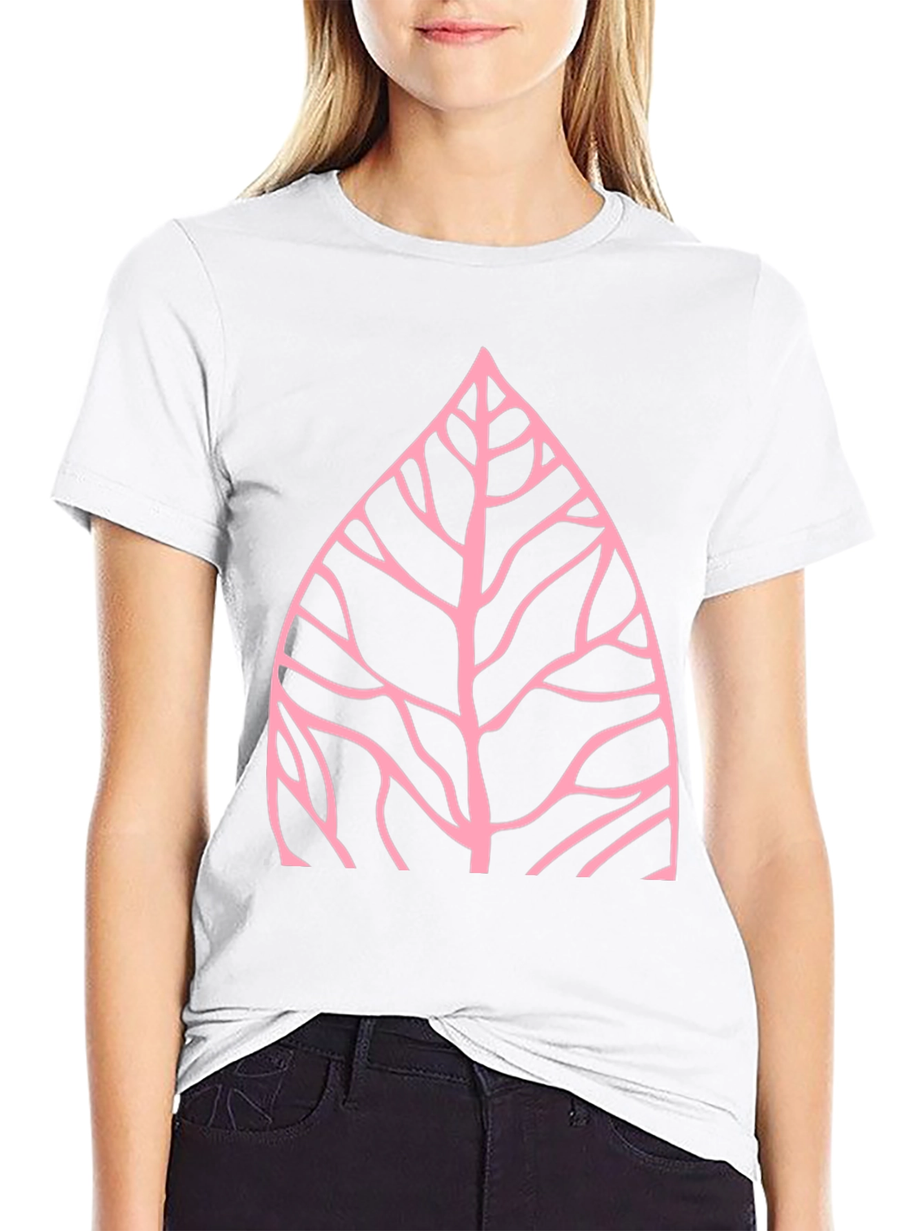 Nature Inspired Pink Leaf Graphic Black T-Shirt