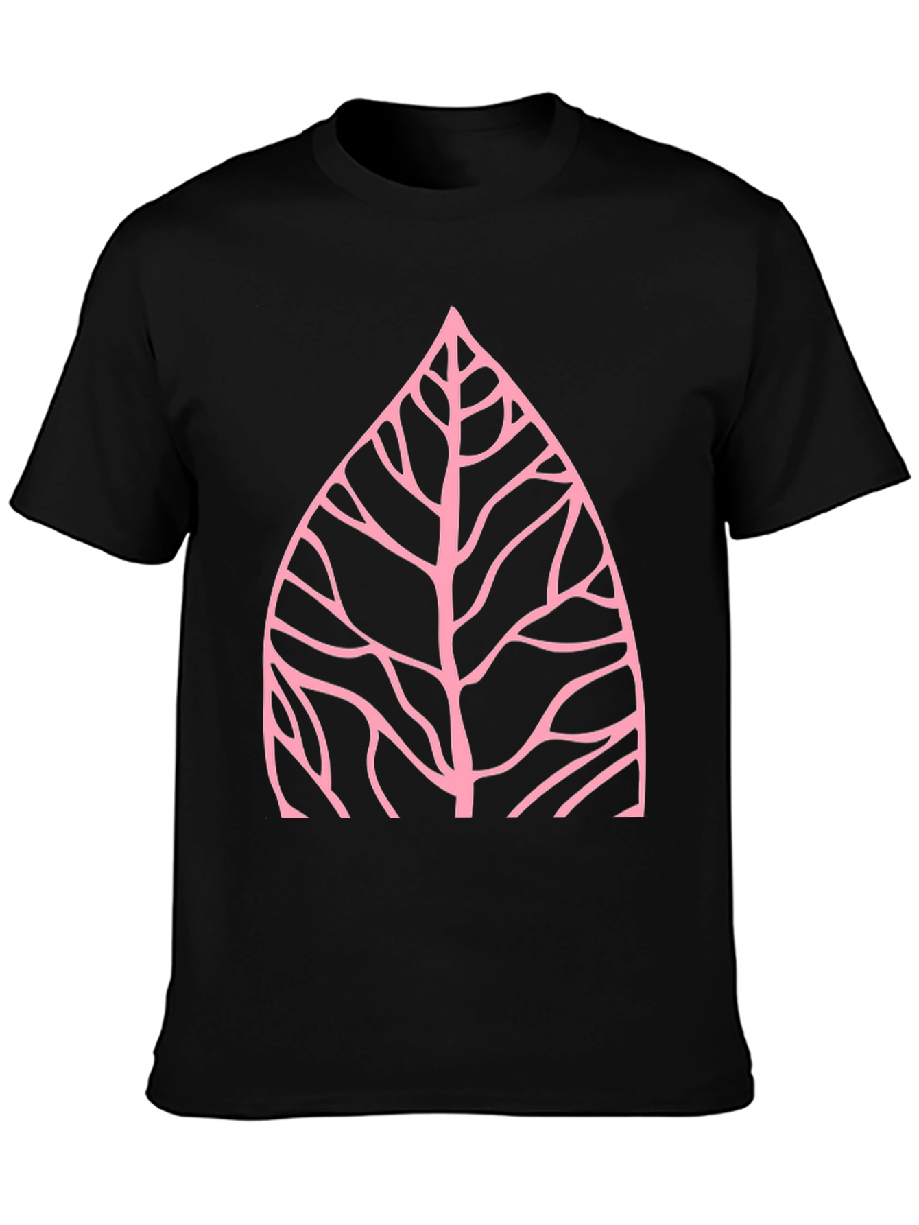 Nature Inspired Pink Leaf Graphic Black T-Shirt