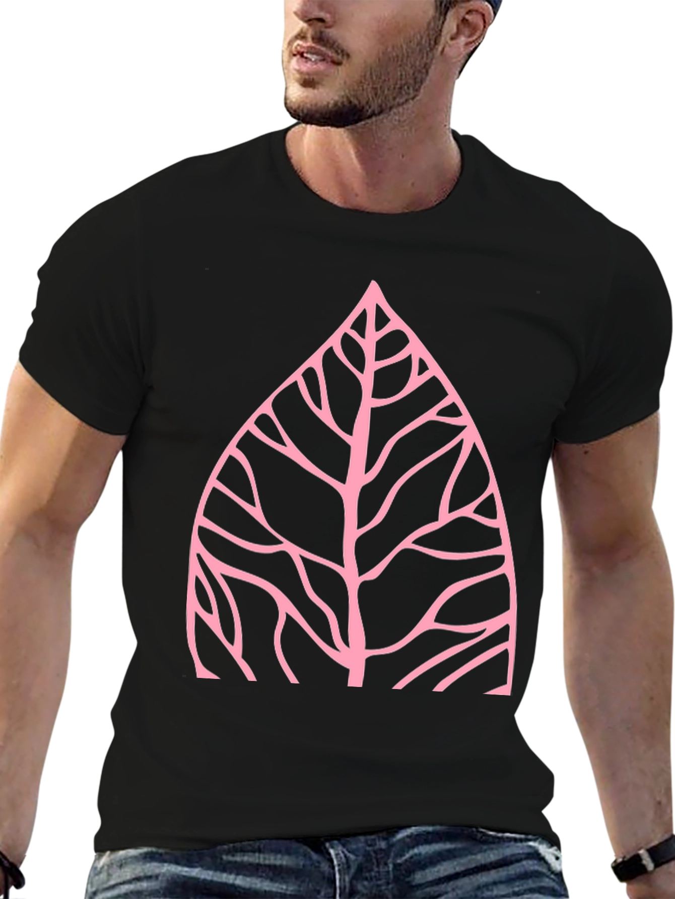 Nature Inspired Pink Leaf Graphic Black T-Shirt