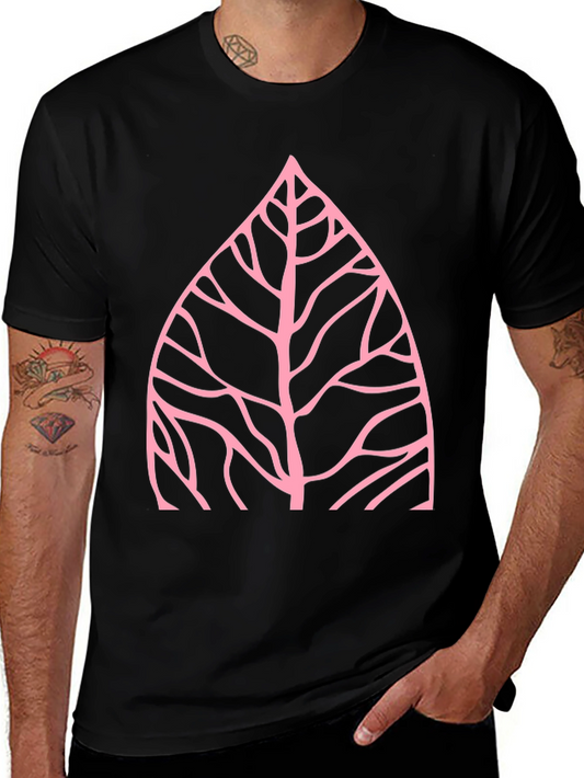 Nature Inspired Pink Leaf Graphic Black T-Shirt