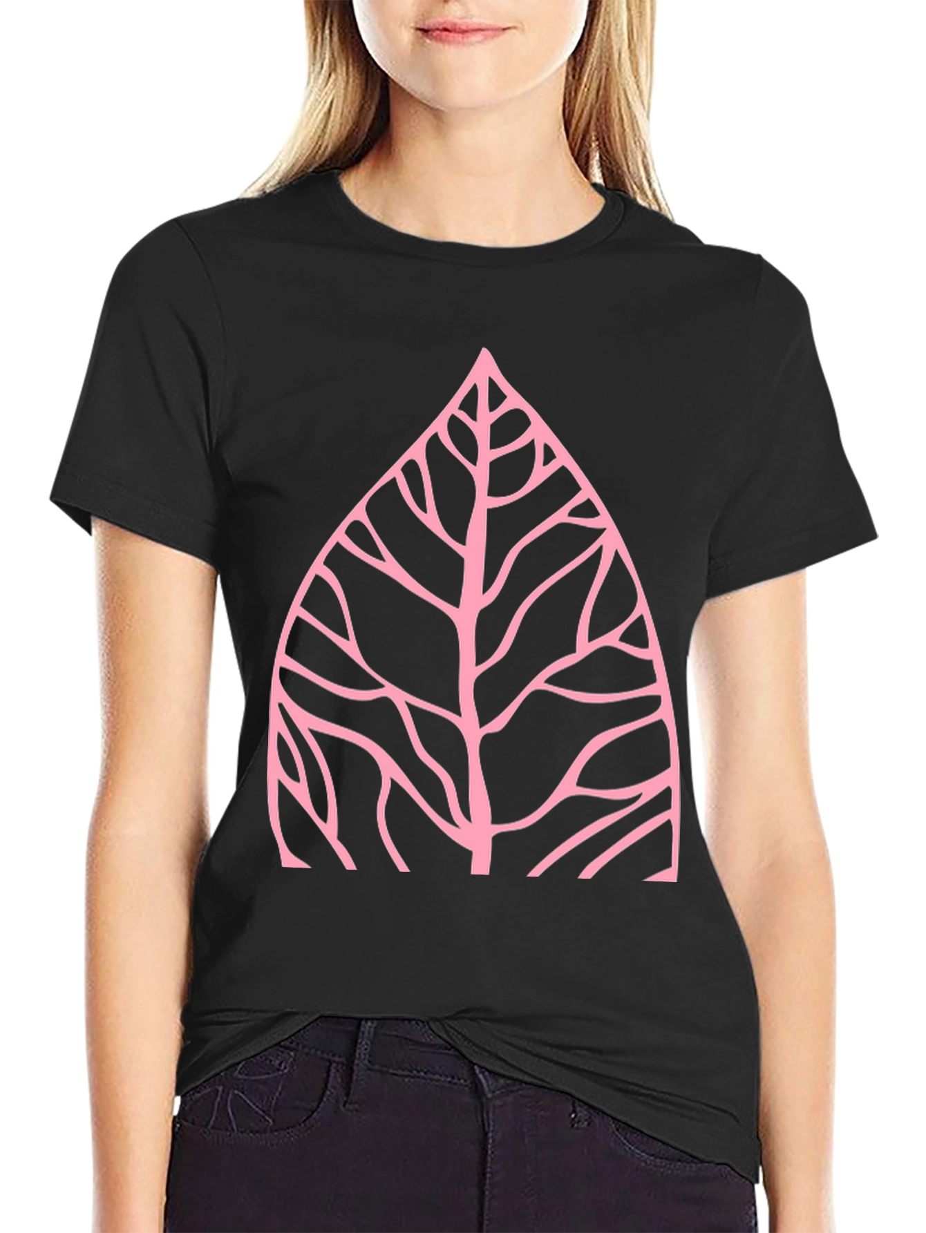 Nature Inspired Pink Leaf Graphic Black T-Shirt