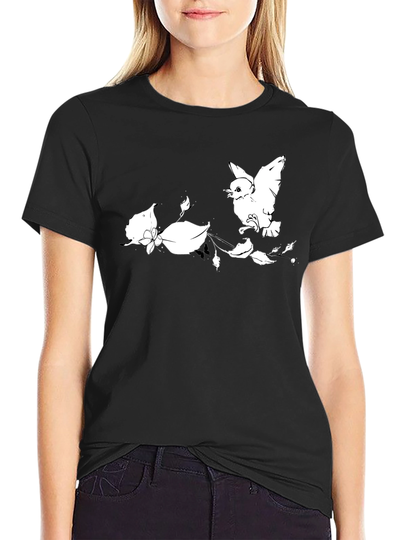 Bird and Blossom Graphic Tee - Black