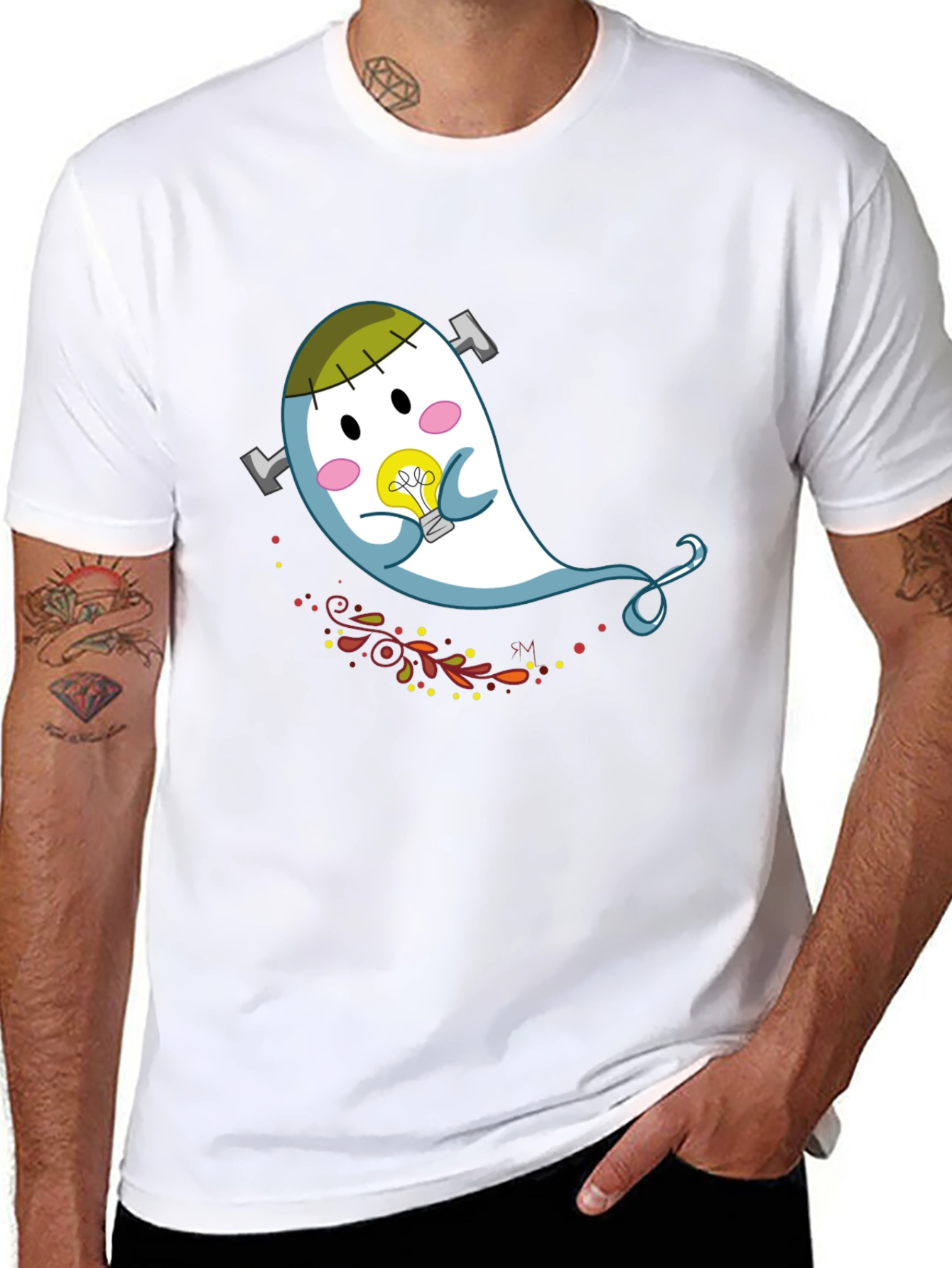 Cute Cartoon Ghost Graphic Tee - Black Cotton T-Shirt