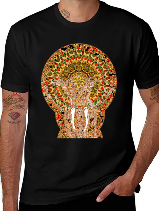 Psychedelic Elephant Print Black T-Shirt